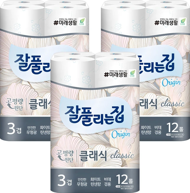 잘풀리는집 3겹 클래식 화장지, 27m, 12개입, 3개 - 쿠팡