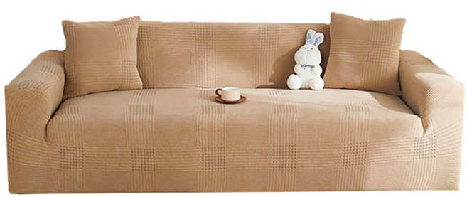 好物良品 輕奢格紋系列 四人座 防貓抓系列高彈力立體提花彈力沙發罩 贈抱枕套 + 泡棉條, 卡其色, 1件