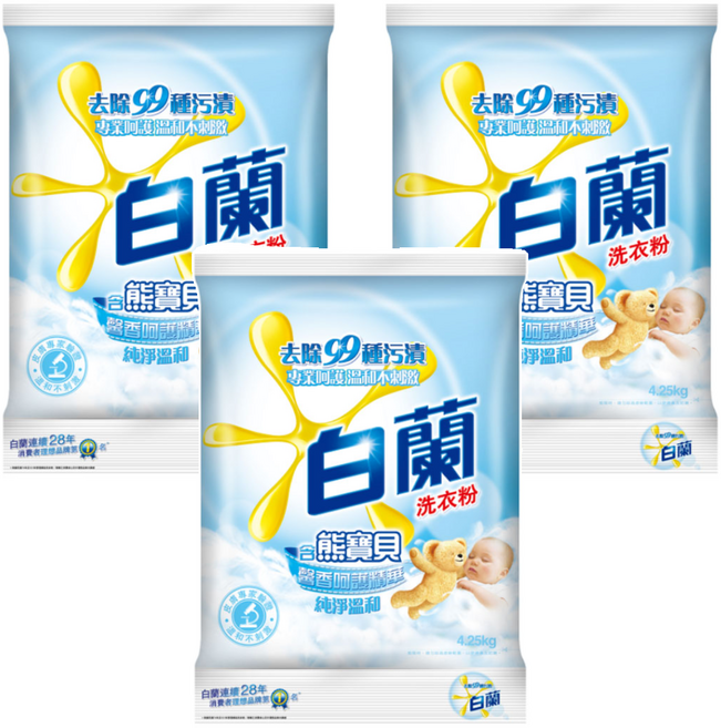 白蘭 含熊寶貝純淨溫和洗衣粉, 4.25kg, 3包
