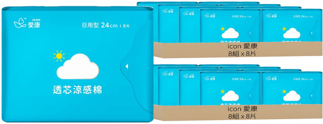 icon 愛康 透芯涼感棉 日用衛生棉 護翼型, 24cm, 8片, 16組