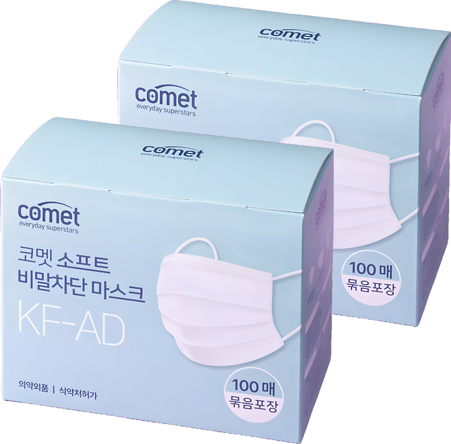 코멧 소프트 비말차단 마스크 KF-AD 실속형 묶음포장 대형, 100개입, 2개, 화이트