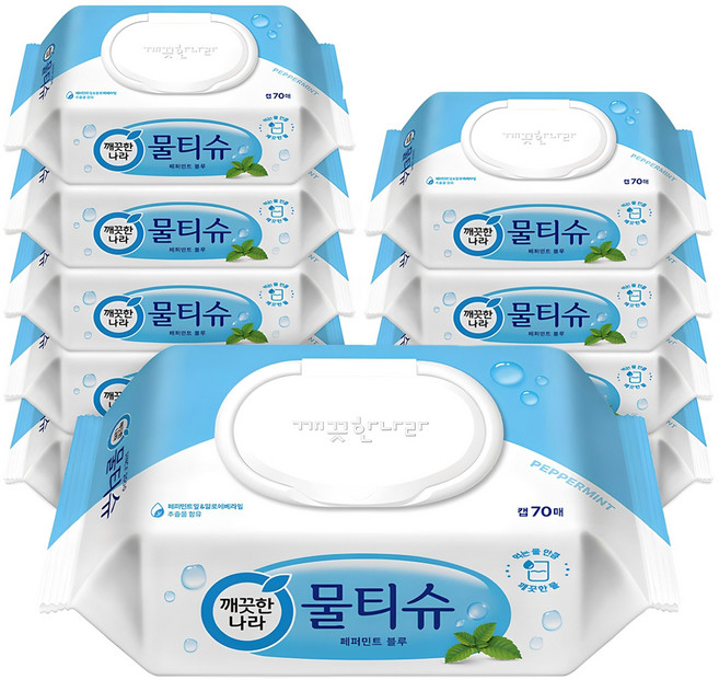 깨끗한나라 페퍼민트 물티슈 캡형, 225g, 70매입, 10개