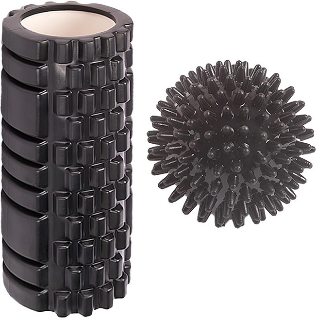 Nopeasti 諾比 健身舒壓筋膜物理放鬆套組 迷你款瑜珈柱/按摩球 PVC+EVA材質 迷你柱(8 x 8 x 30cm) 按摩球(6 x 6cm), 黑色, 1組