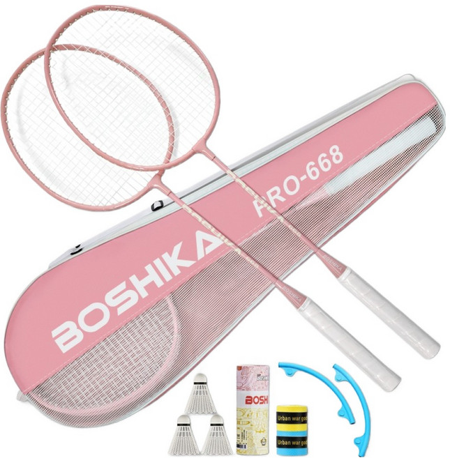보시카 배드민턴 라켓 2p + 셔틀콕 3p + 헤드커버 2p + 그립밴드 2p + 가방 풀구성, PRO-668(PK), 1세트