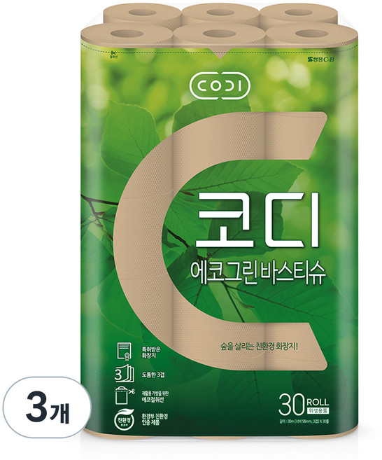 코디 에코그린 바스티슈 롤화장지 30m, 30롤, 3개