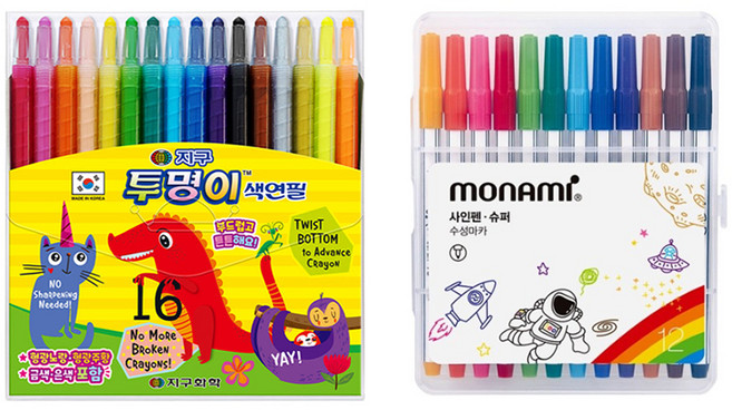 지구화학 투명이 색연필 16색 + 모나미 슈퍼사인펜 12색, 혼합색상, 1세트