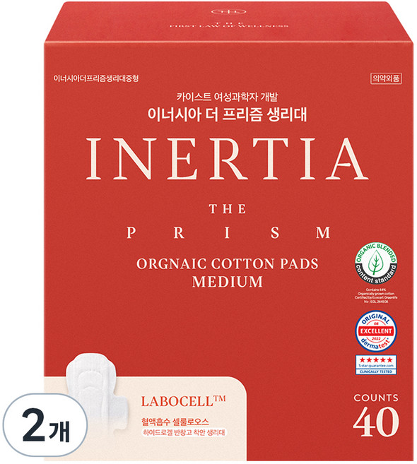 이너시아 더 프리즘 생리대 날개형, 중형, 40개입, 2개