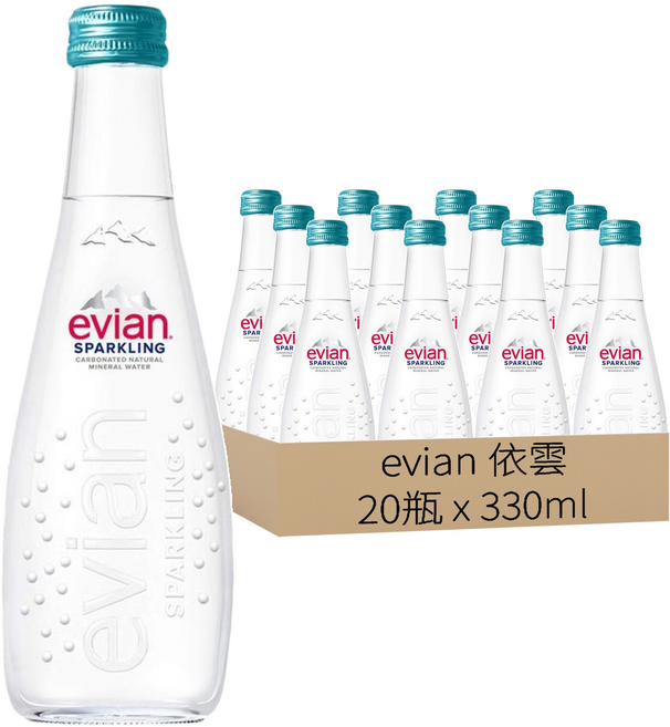 evian 依雲 台灣公司貨 氣泡天然礦泉水 玻璃瓶, 330ml, 20瓶