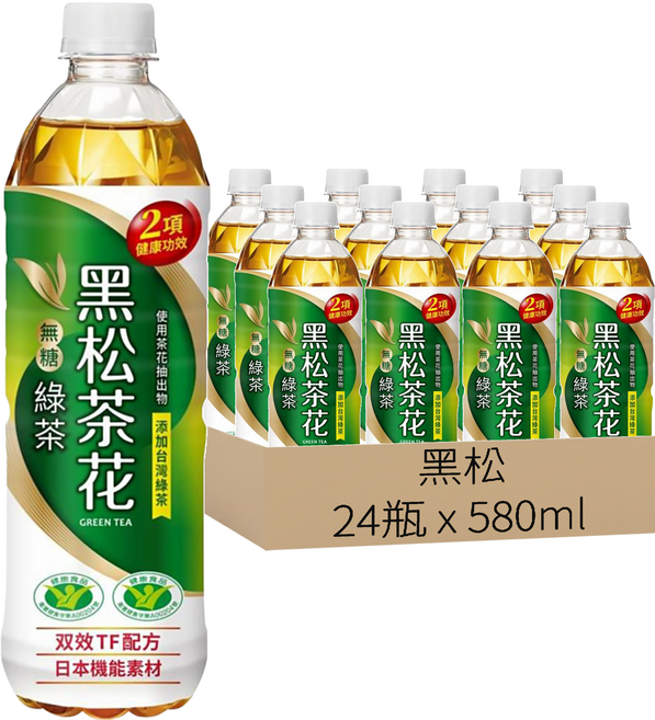 黑松 茶花 無糖綠茶, 580ml, 24瓶