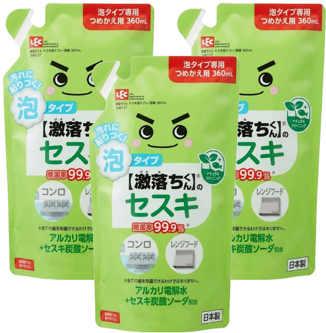 LEC 激落君 倍半碳酸鈉電解水泡沫噴霧清潔劑 補充包, 360ml, 3包