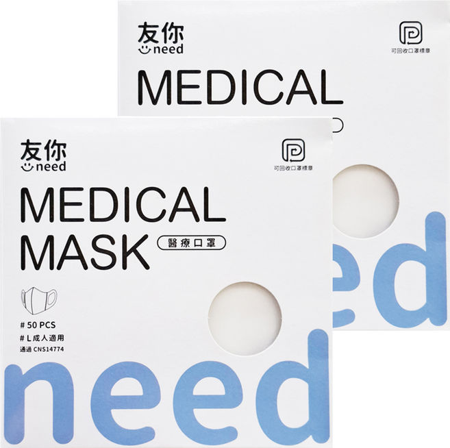 台灣康匠 Uneed 友你 醫療口罩 成人 3D寬耳, 50片, 2盒, 天使白