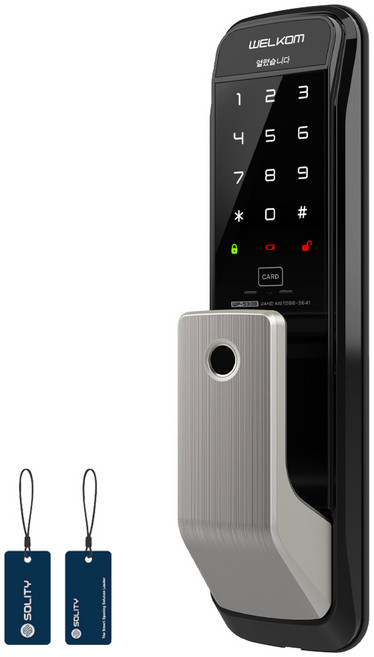 웰콤 손잡이 있음(유리문/샷시문 불가) 지문인식 무타공 푸시풀 도어록, WP-530B, 방문설치