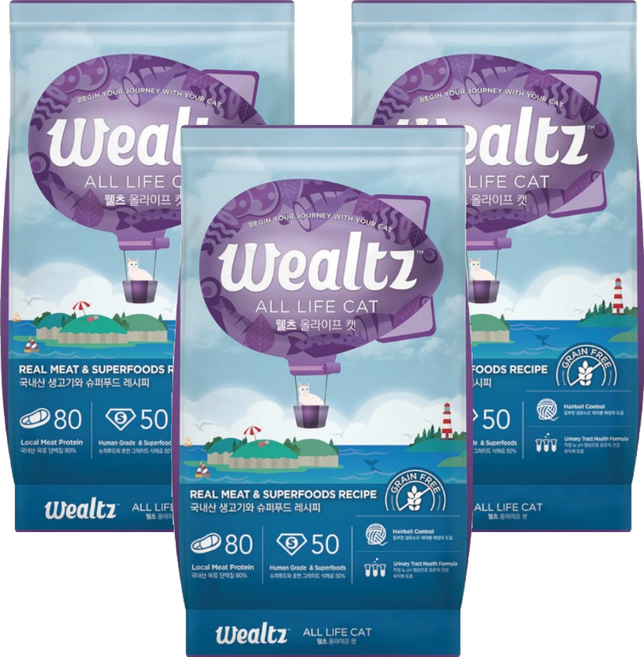 Wealtz 維爾滋 全齡貓 天然無穀寵物乾糧, 1.2kg, 3袋, 新鮮雞肉 + 脫水雞肉