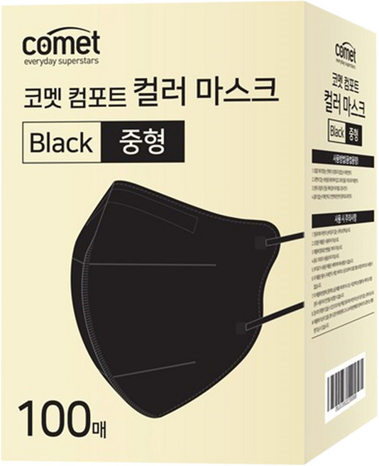 comet 舒適單色鳥嘴型口罩 M, 100片, 1盒, 黑色