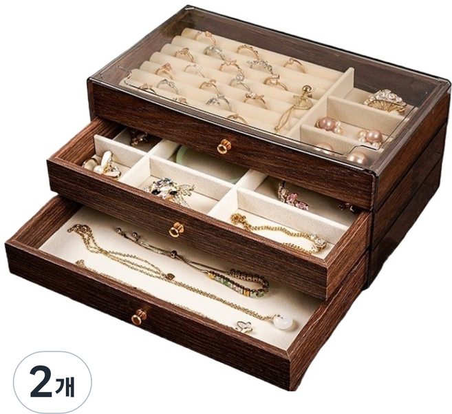 스윗콩 3단 서랍형 대용량 원목 악세사리 보석함 C, 호두나무 무늬, 2개