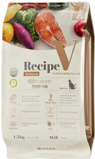 유한양행레시피브이 1세 이상 고양이 세븐제로 건식사료, 연어, 1.2kg, 1개