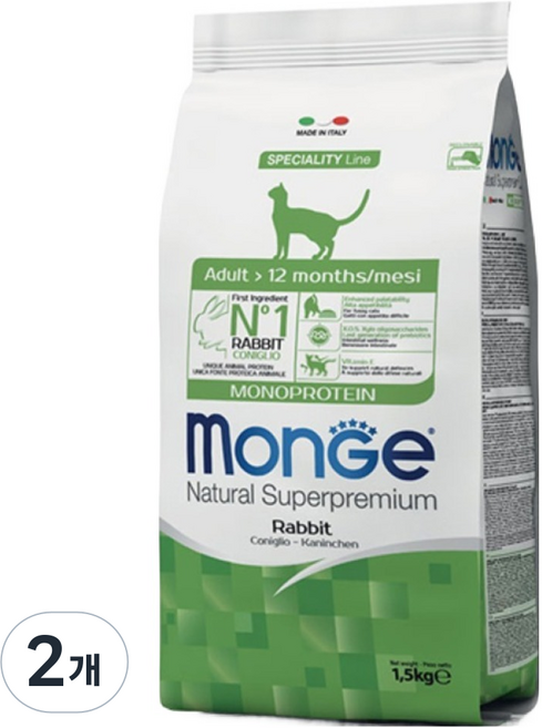 몬지 어덜트 고양이 내추럴 슈퍼프리미엄 모노프로틴 건식사료, 2개, 1.5kg, 토끼