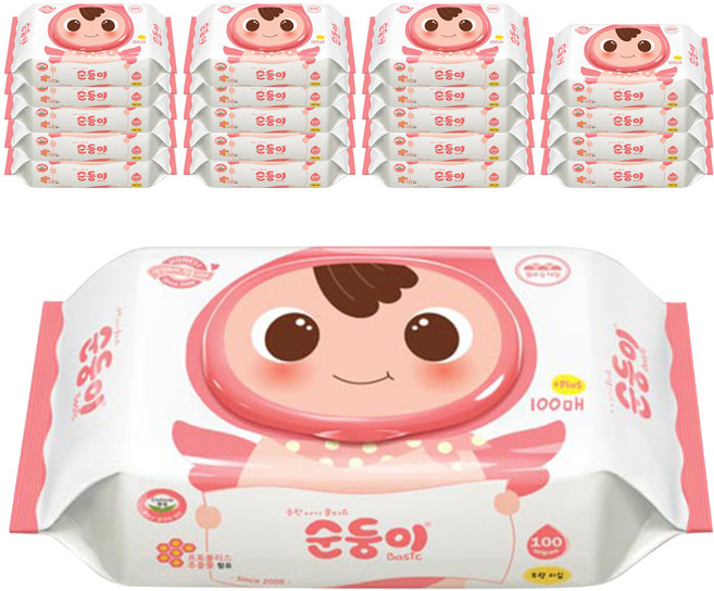 순둥이 베이직 무향 유아물티슈 캡형, 55g, 100개입, 20개