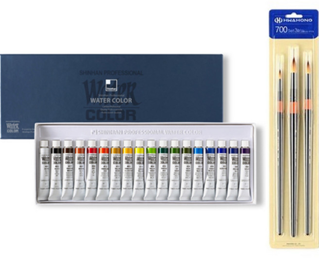 신한화구 전문가 수채화 물감 7.5ml + 화홍 수채붓 700R B 3종 세트, 18색