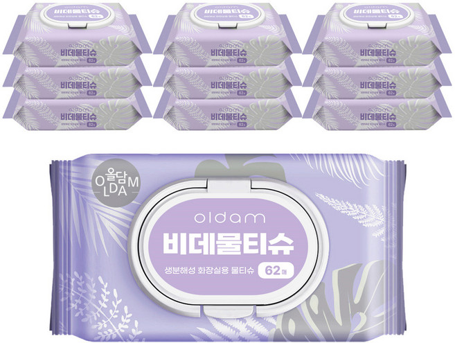 올담 코튼 블라썸 비데 물티슈 캡형, 62개입, 10개
