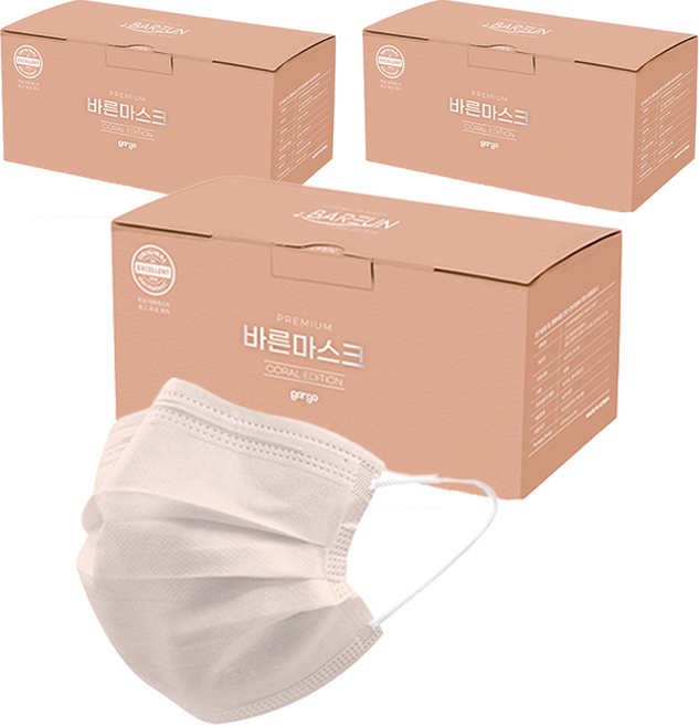 고르고 바른 마스크 대형 성인용, 50매입, 3개, 코랄