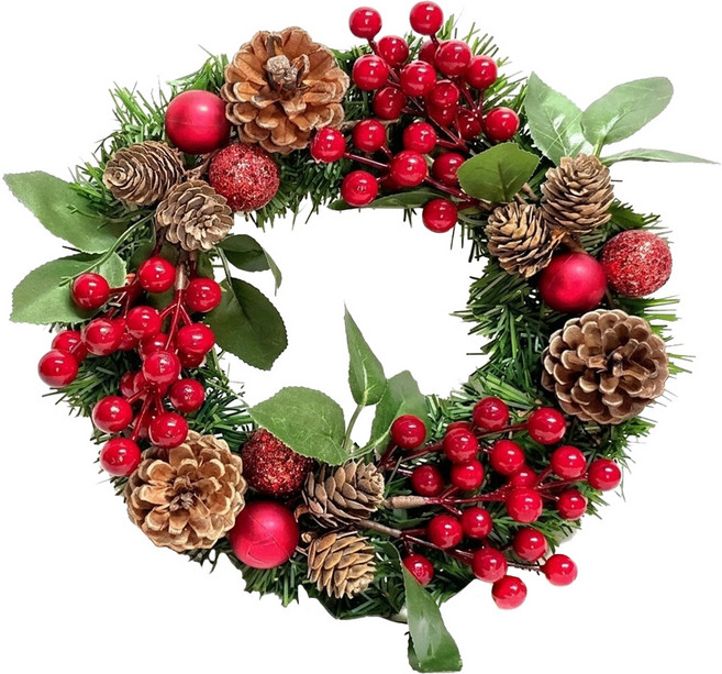 MODACore 摩達客 耶誕歐風典雅大地盛宴紅球果松果聖誕花圈 福臨圈 免組裝 台灣設計手工藝製, 紅色 + 綠色, 1個