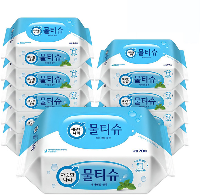 깨끗한나라 페퍼민트 블루 물티슈 리필형, 70매, 10개