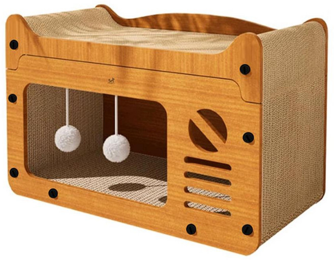 DING DONG PET 貓咪一體式躲藏屋貓抓板, 木紋色, 1個