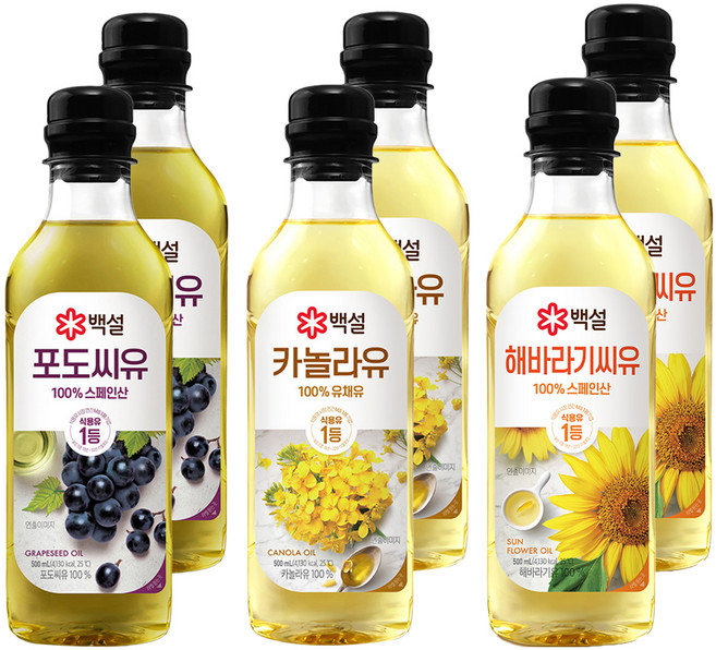 백설 포도씨유 500ml 2p + 카놀라유 500ml 2p + 해바라기씨유 500ml 2p, 1세트