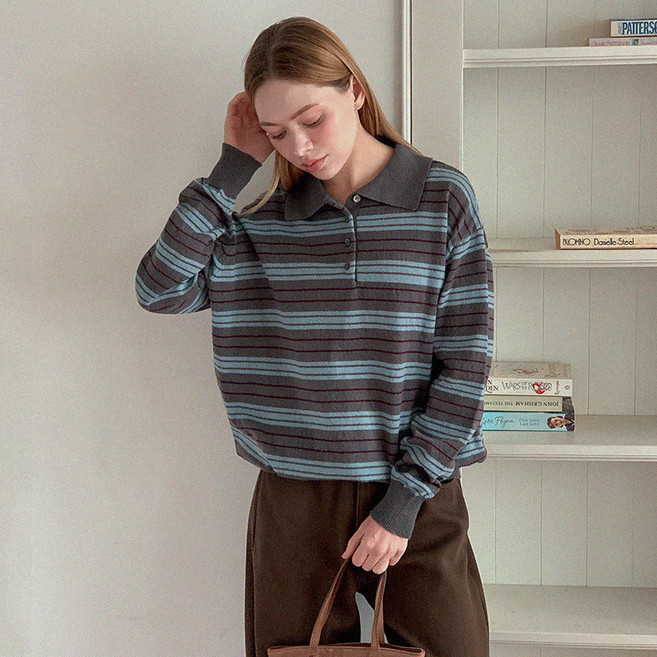 앤드스타일 여성용 데일리핏 단가라 카라넥 버튼 니트티 264972