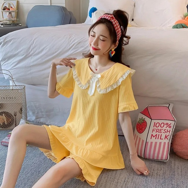 엘쏘 여성용 프릴 플리츠 리본 반팔 러블리 잠옷 상하의 세트