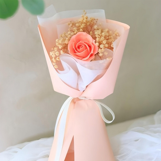 Scent Basket 人造花 單枝玫瑰香皂花與滿天星花束, 珊瑚色