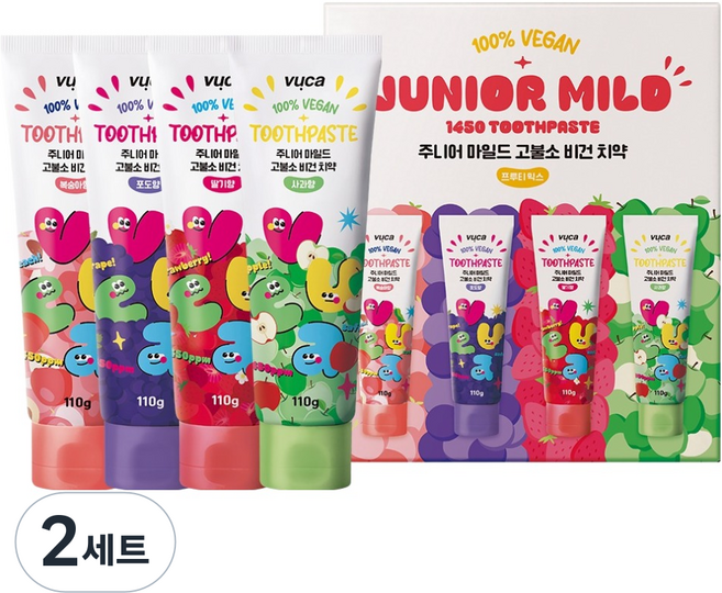 뷰카 주니어 마일드 고불소 비건치약 110g x 4종 세트 프루티 믹스, 2세트