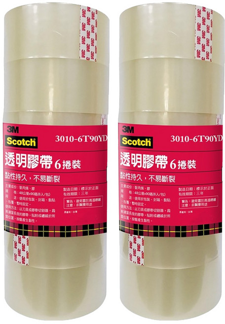 3M Scotch 封箱膠帶 3010-6T90YD 48mm x 90y, 透明, 12個