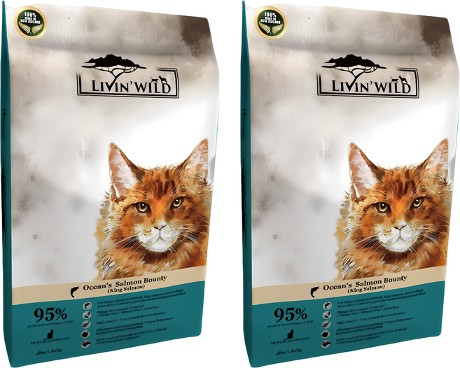 LIVIN'WILD 野宴 全齡貓 無穀配方 乾飼料 紐西蘭全新天然糧 薄片外型, 1810g, 2袋, 野生帝王鮭魚