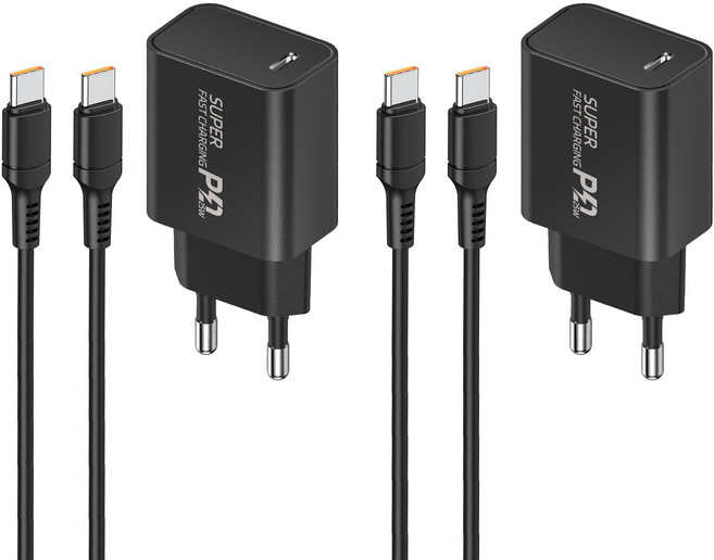 YINTO c타입 고속 충전기 25W PD3.0 PPS + C to C 1.5m 100w 케이블 세트, 2세트, 블랙