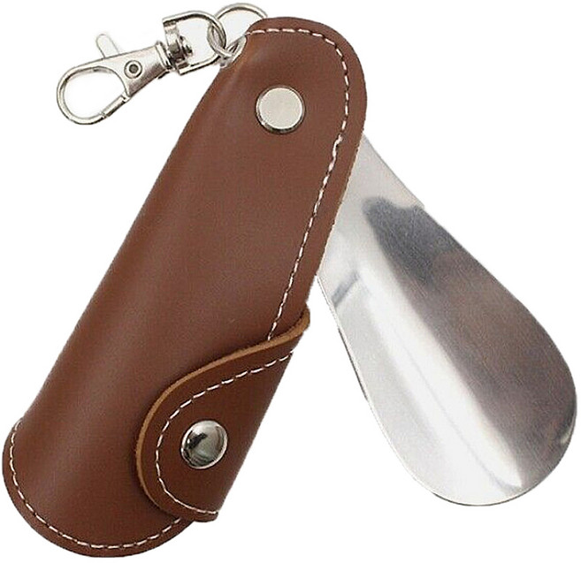 휴대용 키체인 파우치 가죽 구두주걱, 다크브라운, 1개