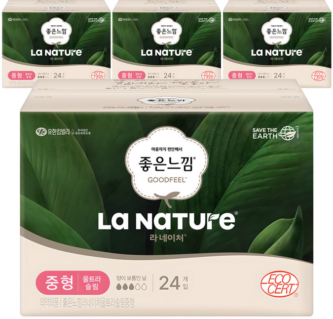 라네이처 좋은느낌 울트라슬림 생리대 날개형, 중형, 24개입, 4개