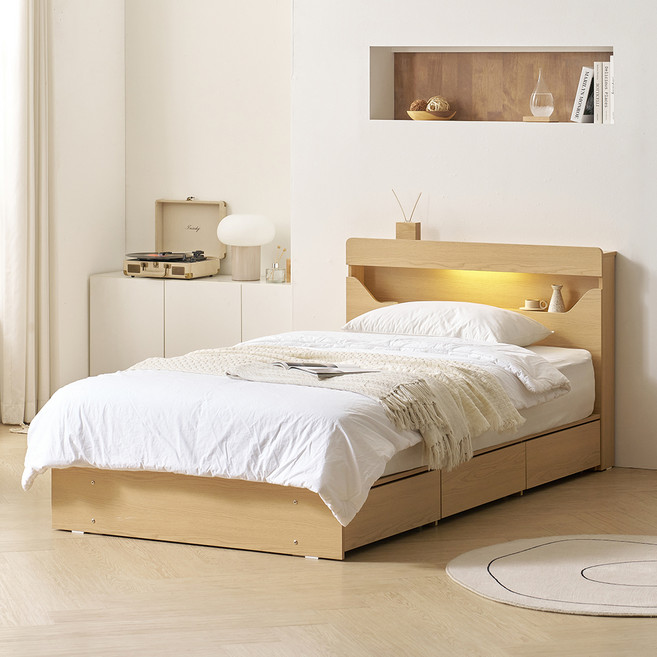 보니애가구 문스테이 LED조명 수납 침대 + 베이직 매트리스 세트 방문설치, 네추럴
