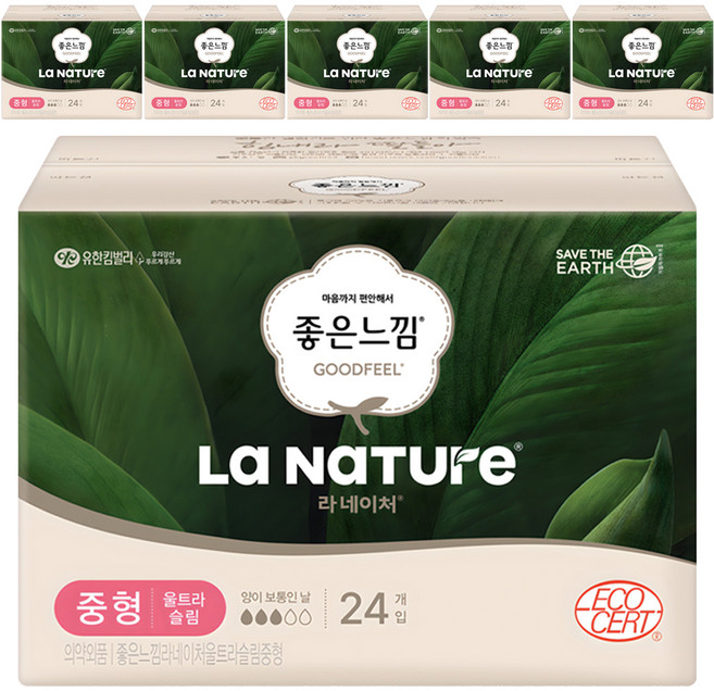 라네이처 좋은느낌 울트라슬림 생리대 날개형, 중형, 24개입, 6개