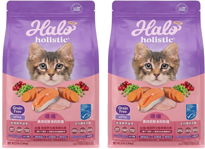 Halo 嘿囉 幼貓用 無穀乾飼料, 1.36kg, 2袋, 野生鮭魚燉白魚