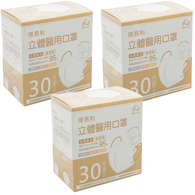 順易利 美顏立體醫用成人口罩 M款, 古藍色, 30片, 3盒