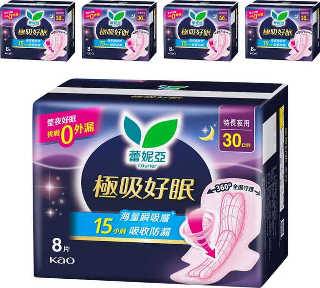 Laurier 蕾妮亞 極吸好眠衛生棉, 連續大量日用~夜用 30cm, 8片, 5包