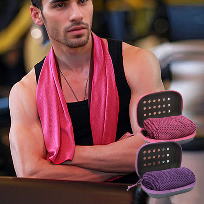 헨센 건식 스포츠 쿨타올 + 케이스 2종 세트, 1세트, 퍼플, 핑크