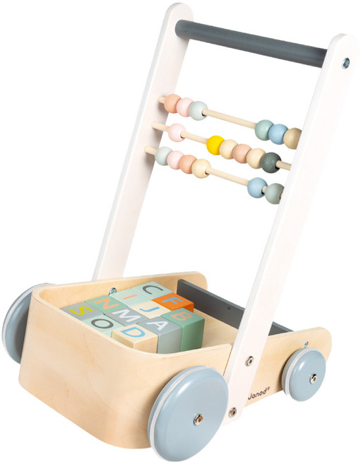 Janod 法國北歐簡約木玩 ABC跟我走 學步車 字母積木 串珠算盤 寶寶學步玩具, 1個, Multicolor
