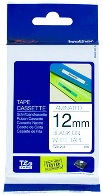 TZETAPE 라벨테이프 12 mm TZe-231, 흰색 테이프 + 검정 문자, 8m