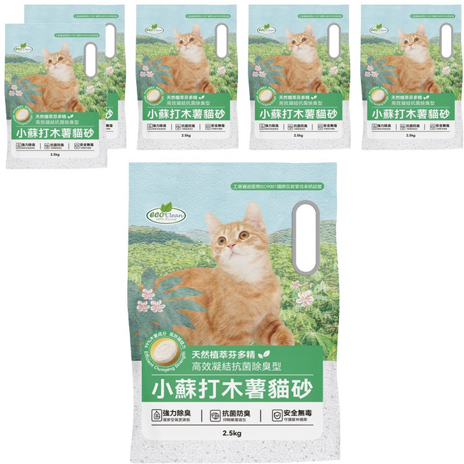 ECO Clean 小蘇打木薯貓砂, 6個, 2.5kg, 植物芬多精