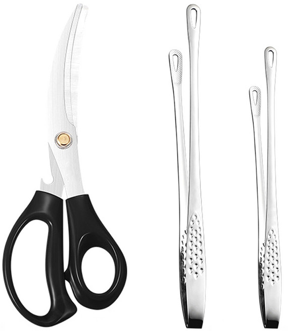 MEO 고기집게 대형 + 중형 + 가위 세트, 실버 + 블랙, 1세트