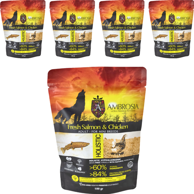 AMBROSIA 安柏希雅 無穀鮮肉犬糧, 鮭魚 + 雞肉, 100g, 5袋