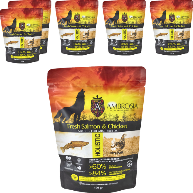 AMBROSIA 安柏希雅 無穀鮮肉犬糧, 鮭魚 + 雞肉, 100g, 6袋
